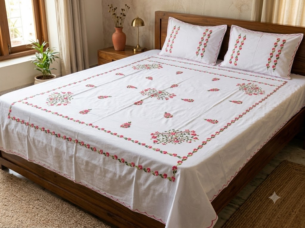 Title Chikonwala's Hand Embroidered Floral Design Bedsheet