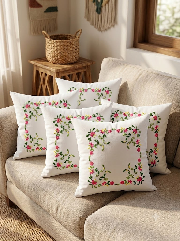 Hand Embroidered Cotton Cushion Covers (Set of 5)