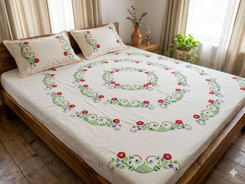 Chikonwala's Hand Embroidered Floral Design Bedsheet