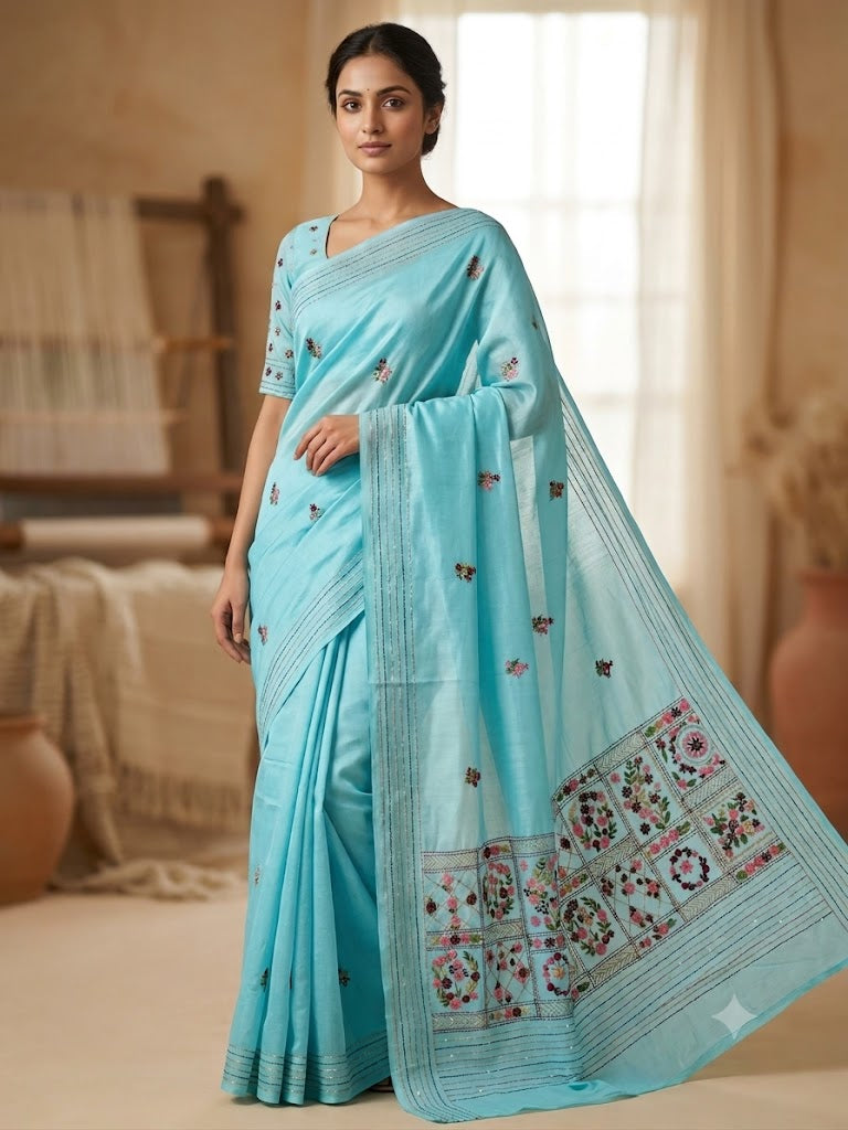 Premium Handcrafted Bullion Stitch Work Chanderi Saree with Blouse Piece