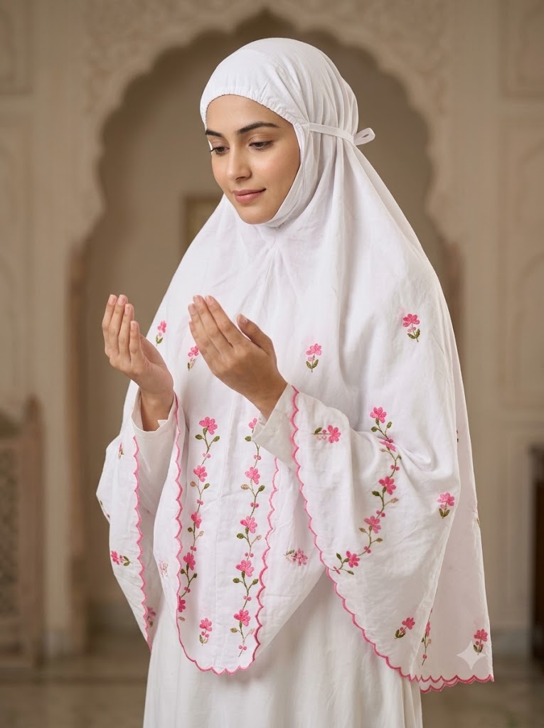 Chikonwala Hand Embroidered Cotton Islamic Namaz Hijab with Floral Embroidery