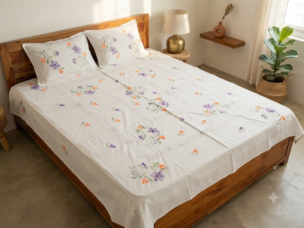 Chikonwala's Floral Embroidered Cotton Beading  Bedsheet