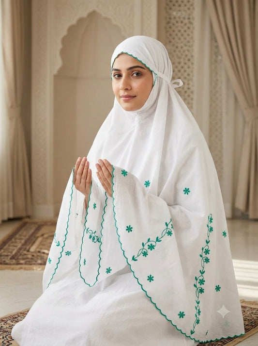 Chikonwala Hand Embroidered Cotton Islamic Namaz Hijab with Floral Embroidery