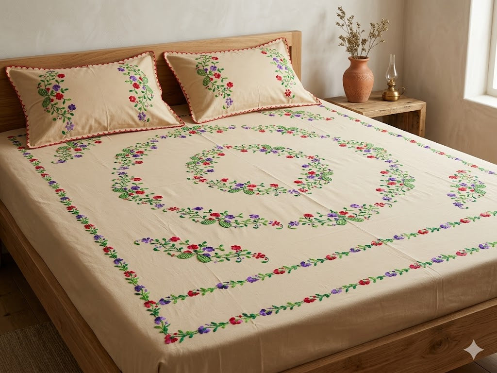 Chikonwala's Hand Embroidered Floral Design Bedsheet