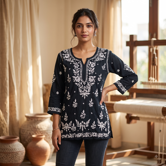 Hand Embroidered Chikankari Short Kurti – 3/4 Sleeve | Modal Fabric - Blue