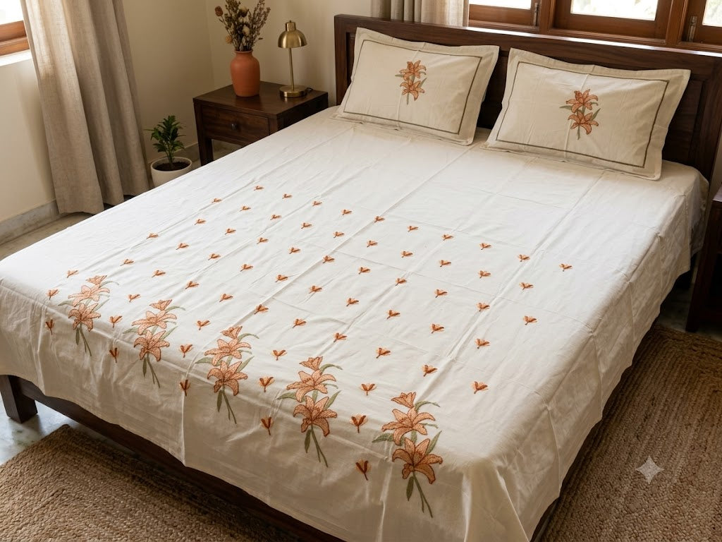 Premium Designer Embroidered Satin Cotton Bedsheet Set