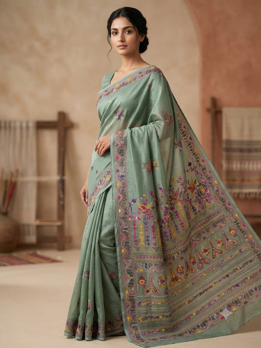 Premium Handcrafted Bullion Stitch Work Chanderi Saree with Blouse Piece