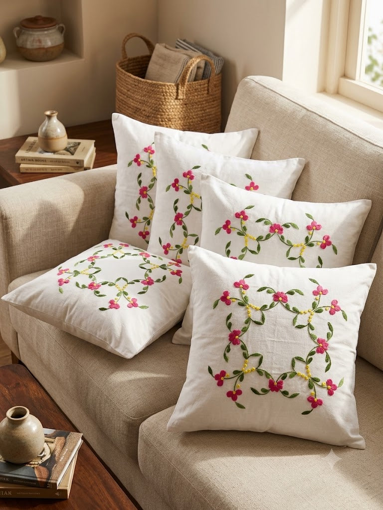 Hand Embroidered Cotton Cushion Covers (Set of 5)