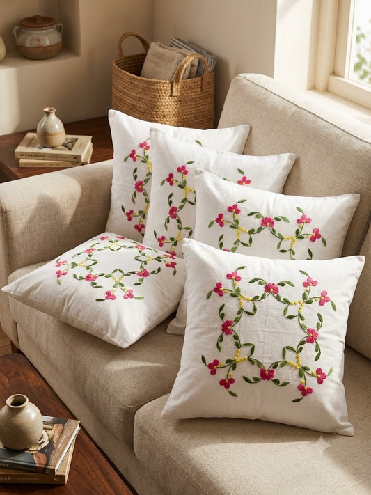 Hand Embroidered Cotton Cushion Covers (Set of 5)