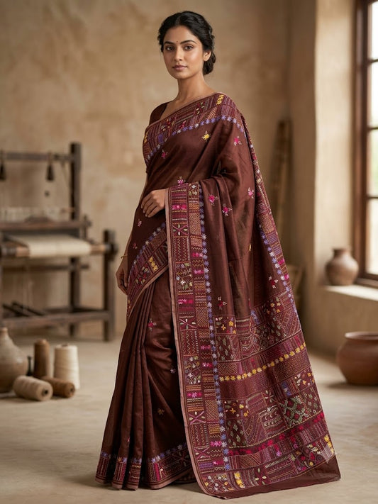 Premium Handcrafted Bullion Stitch Work Chanderi Saree with Blouse Piece