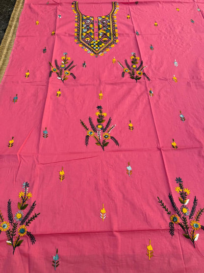 Hand Embroidered Pure Cotton Kurti Material | 3 Meter Premium Fabric | Made in India