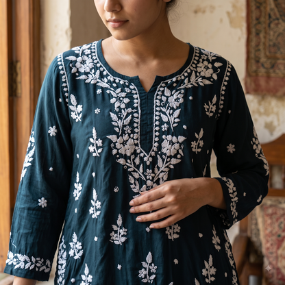 Hand Embroidered Chikankari Short Kurti – 3/4 Sleeve | Modal Fabric - Blue
