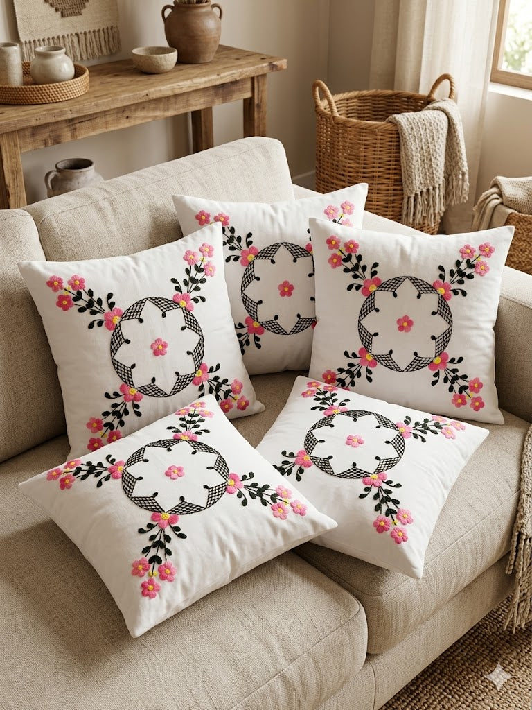 Hand Embroidered Cotton Cushion Covers (Set of 5)