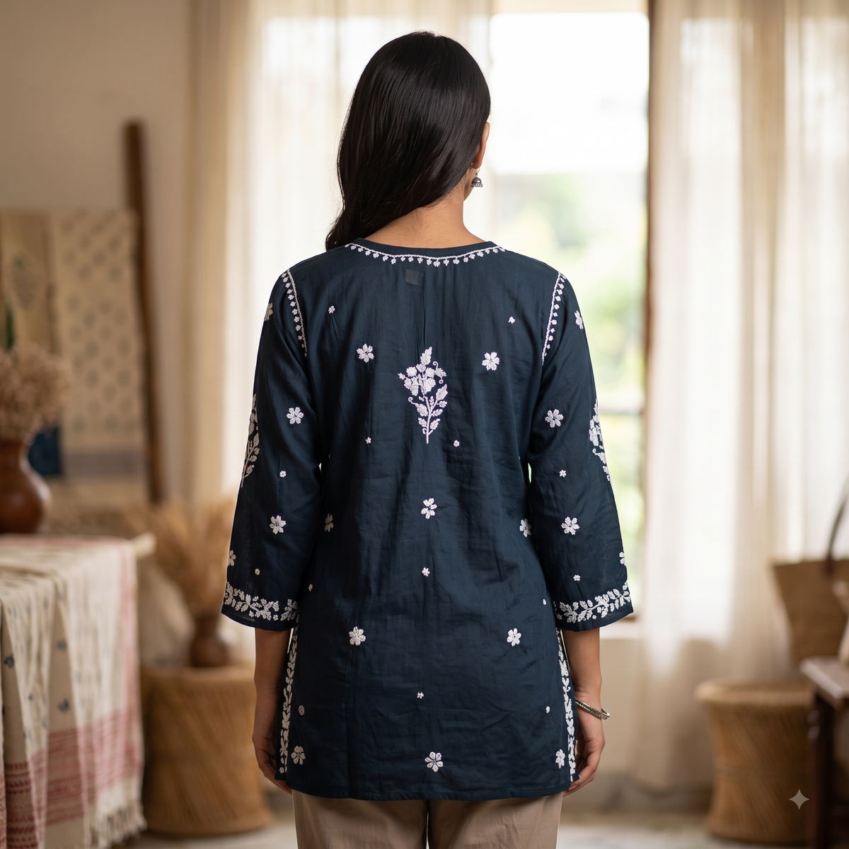 Hand Embroidered Chikankari Short Kurti – 3/4 Sleeve | Modal Fabric - Blue