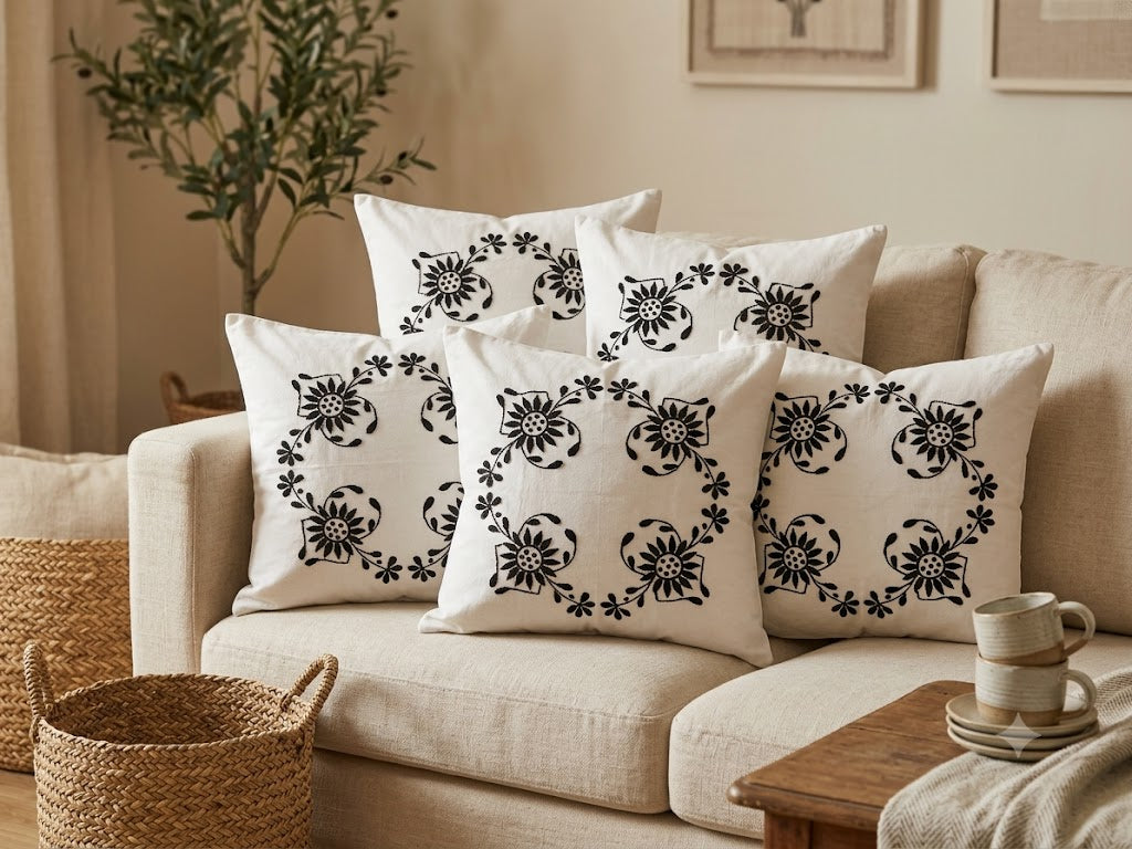Hand Embroidered Cotton Cushion Covers (Set of 5)