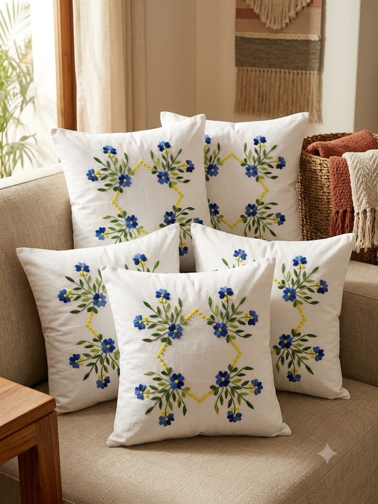 Hand Embroidered Cotton Cushion Covers (Set of 5)