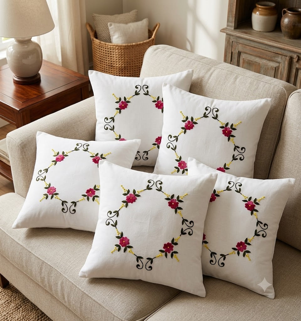 Hand Embroidered Cotton Cushion Covers (Set of 5)