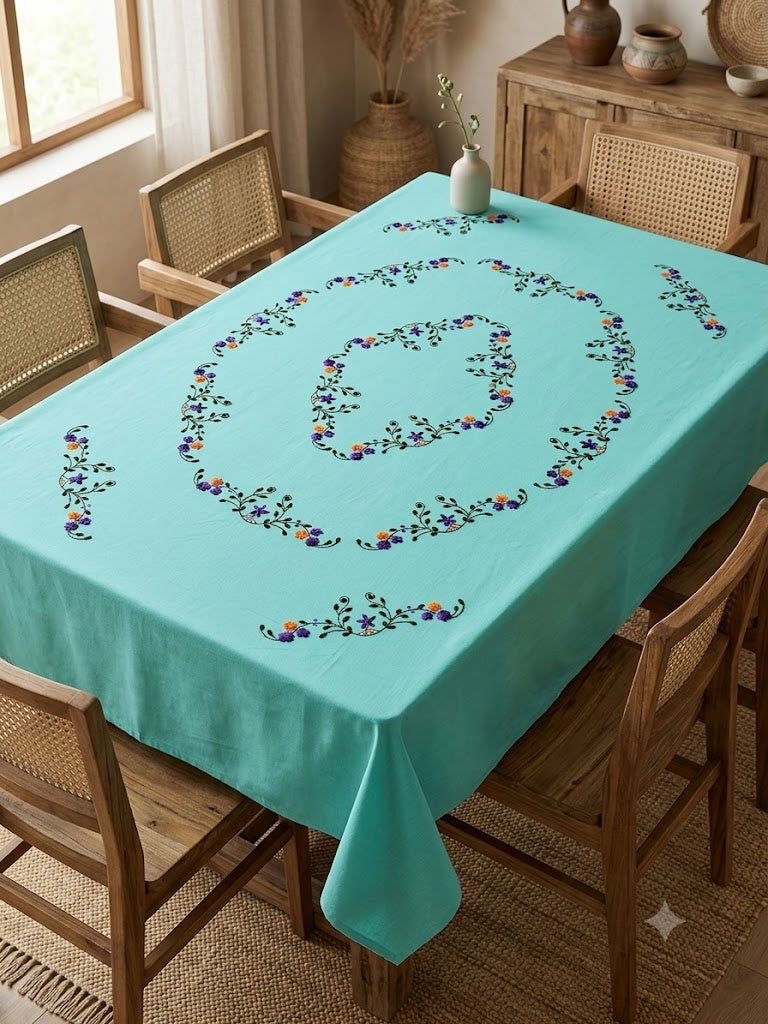 Hand Embroidered Floral Six Seater Table Cover