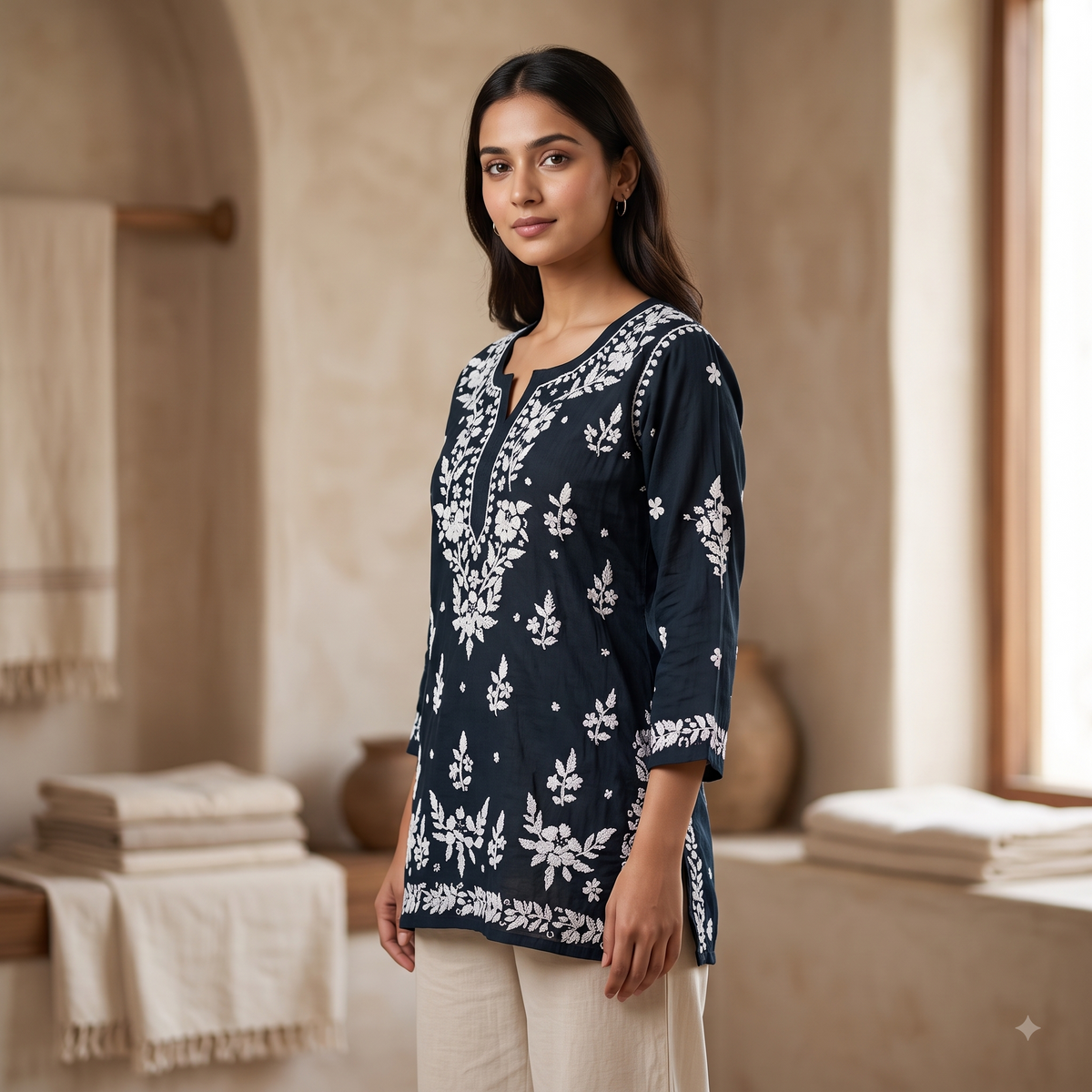 Hand Embroidered Chikankari Short Kurti – 3/4 Sleeve | Modal Fabric - Blue
