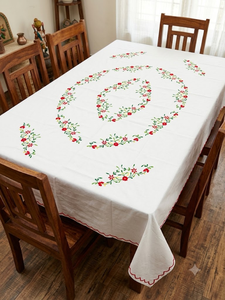 Hand Embroidered Floral Six Seater Table Cover