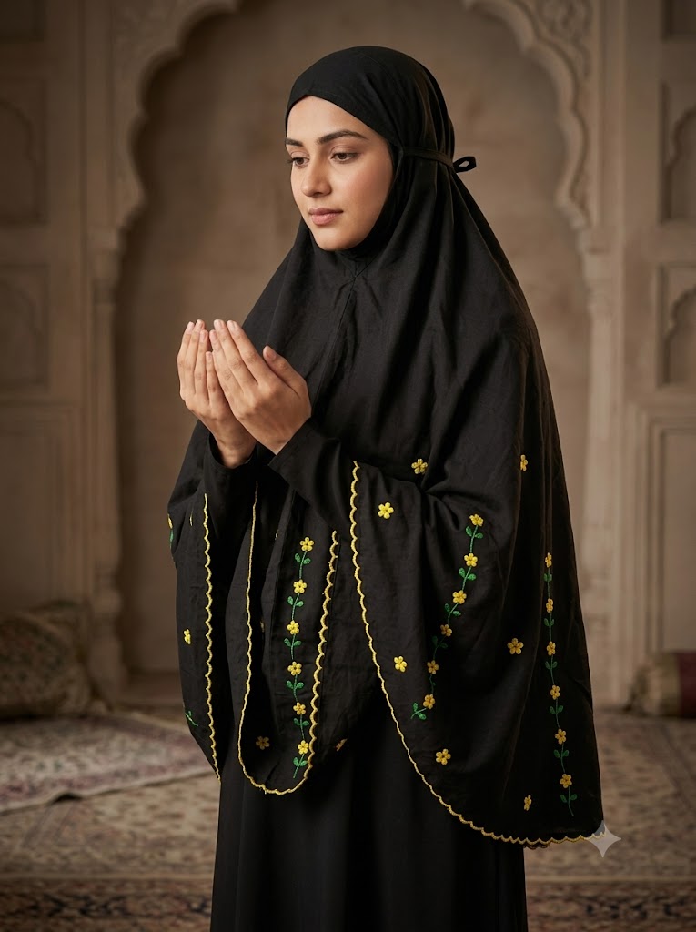 Chikonwala Hand Embroidered Cotton Islamic Namaz Hijab with Floral Embroidery