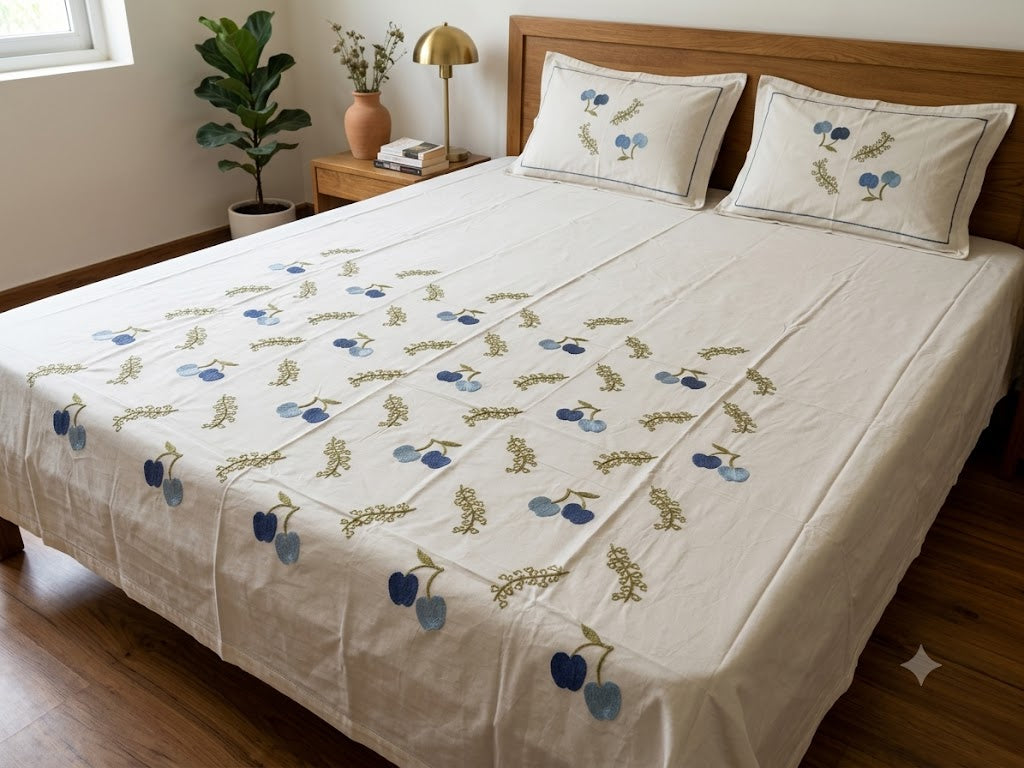Premium Designer Embroidered Satin Cotton Bedsheet Set