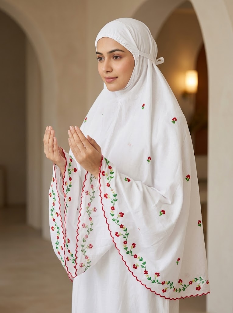 Chikonwala Hand Embroidered Cotton Islamic Namaz Hijab with Floral Embroidery
