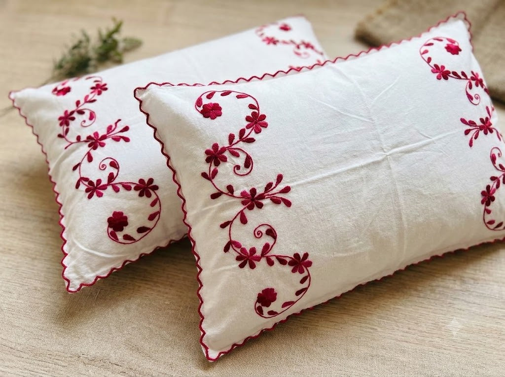 Chikonwala Hand-Embroidered Floral Pillow Cover Set– Set of 2