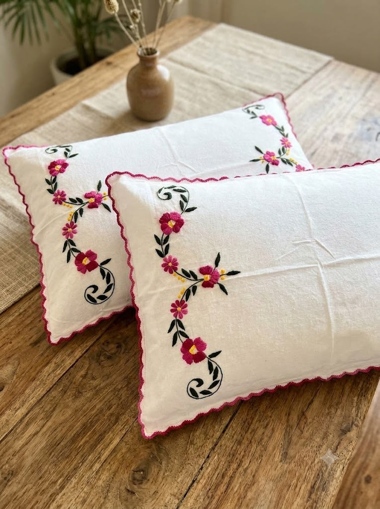 Chikonwala Hand-Embroidered Floral Pillow Cover Set– Set of 2