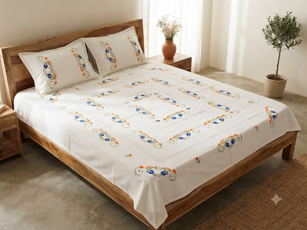 Chikonwala's Floral Embroidered Cotton Beading  Bedsheet