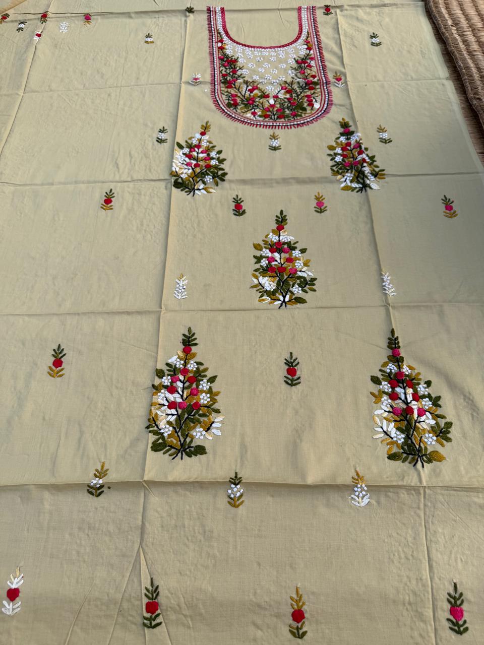 Hand Embroidered Pure Cotton Kurti Material | 3 Meter Premium Fabric | Made in India