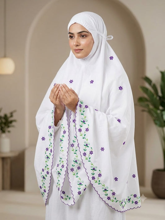 Chikonwala Hand Embroidered Cotton Islamic Namaz Hijab with Floral Embroidery