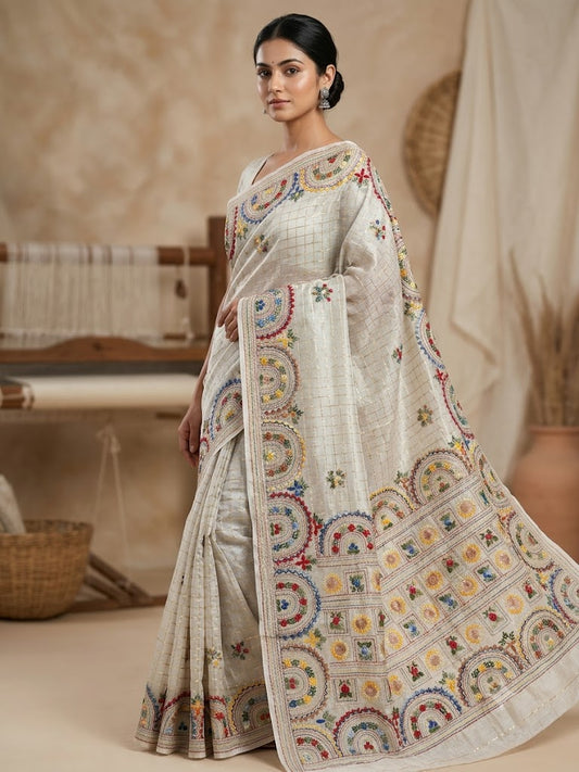 Premium Handcrafted Bullion Stitch Work Chanderi Saree with Blouse Piece