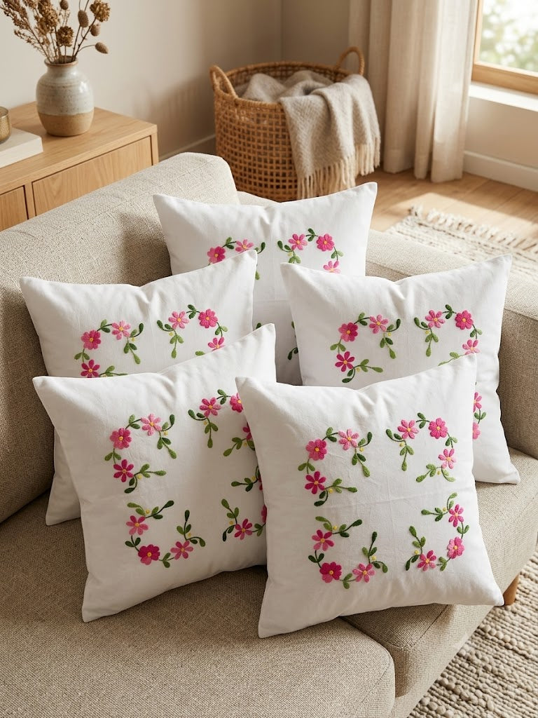 Hand Embroidered Cotton Cushion Covers (Set of 5)