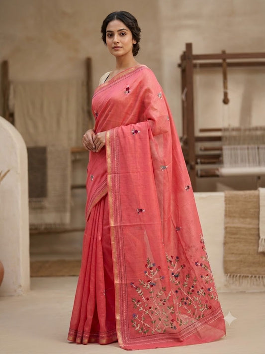 Premium Handcrafted Bullion Stitch Work Chanderi Saree with Blouse Piece