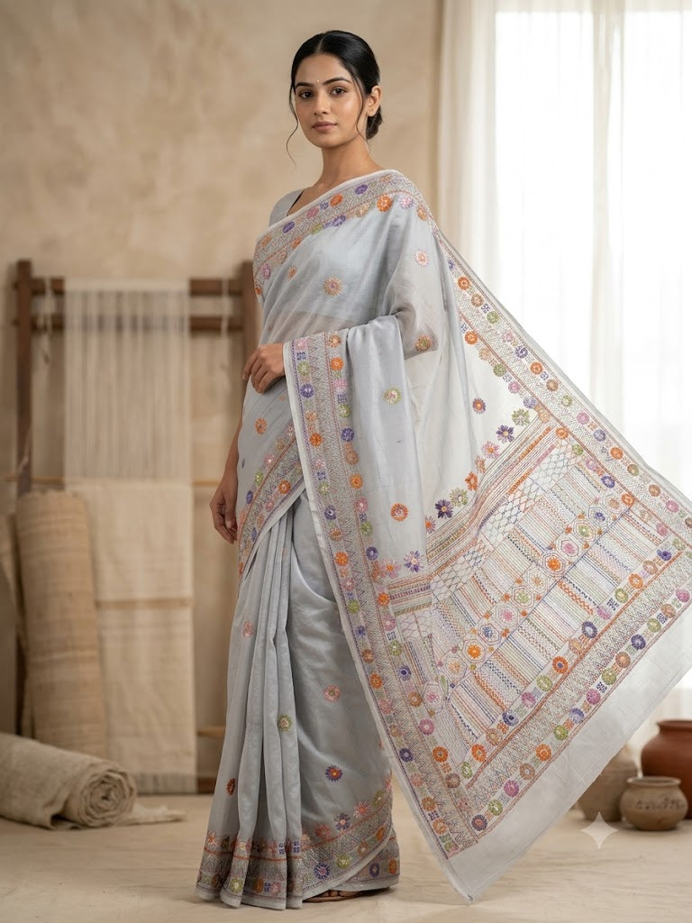 Premium Handcrafted Bullion Stitch Work Chanderi Saree with Blouse Piece