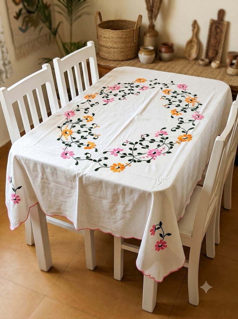 Hand Embroidered Four Seater Floral Table Cover