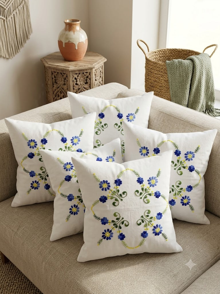Hand Embroidered Cotton Cushion Covers (Set of 5)