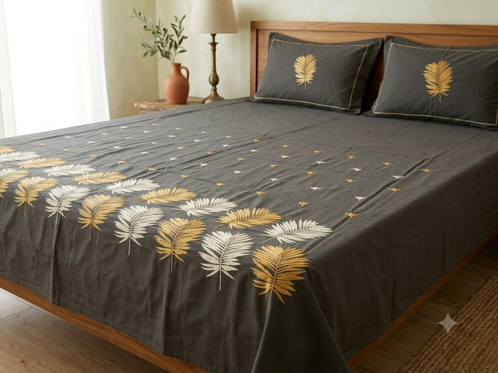 Premium Designer Embroidered Satin Cotton Bedsheet Set