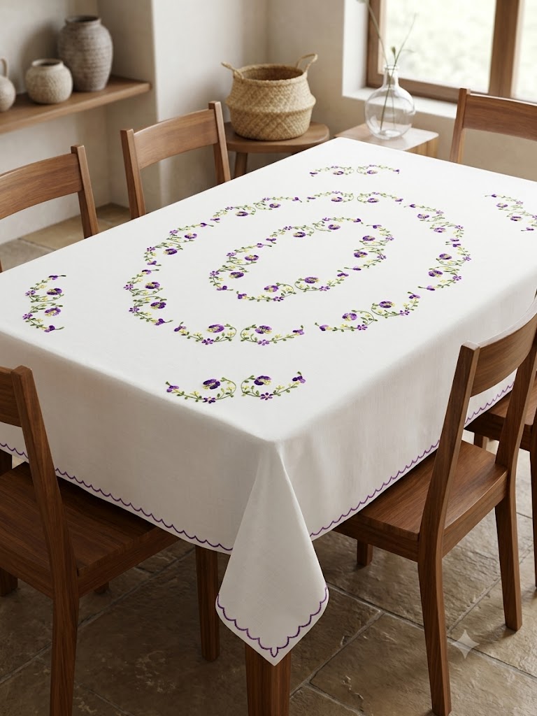 Hand Embroidered Floral Six Seater Table Cover
