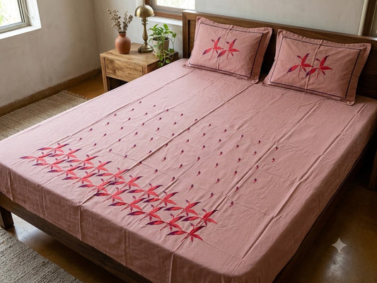 Premium Designer Embroidered Satin Cotton Bedsheet Set