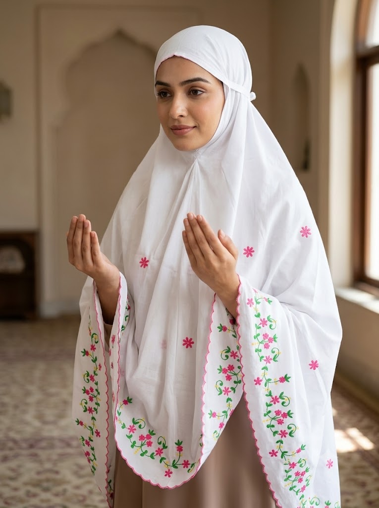 Chikonwala Hand Embroidered Cotton Islamic Namaz Hijab with Floral Embroidery
