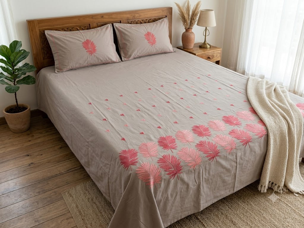 Premium Designer Embroidered Satin Cotton Bedsheet Set