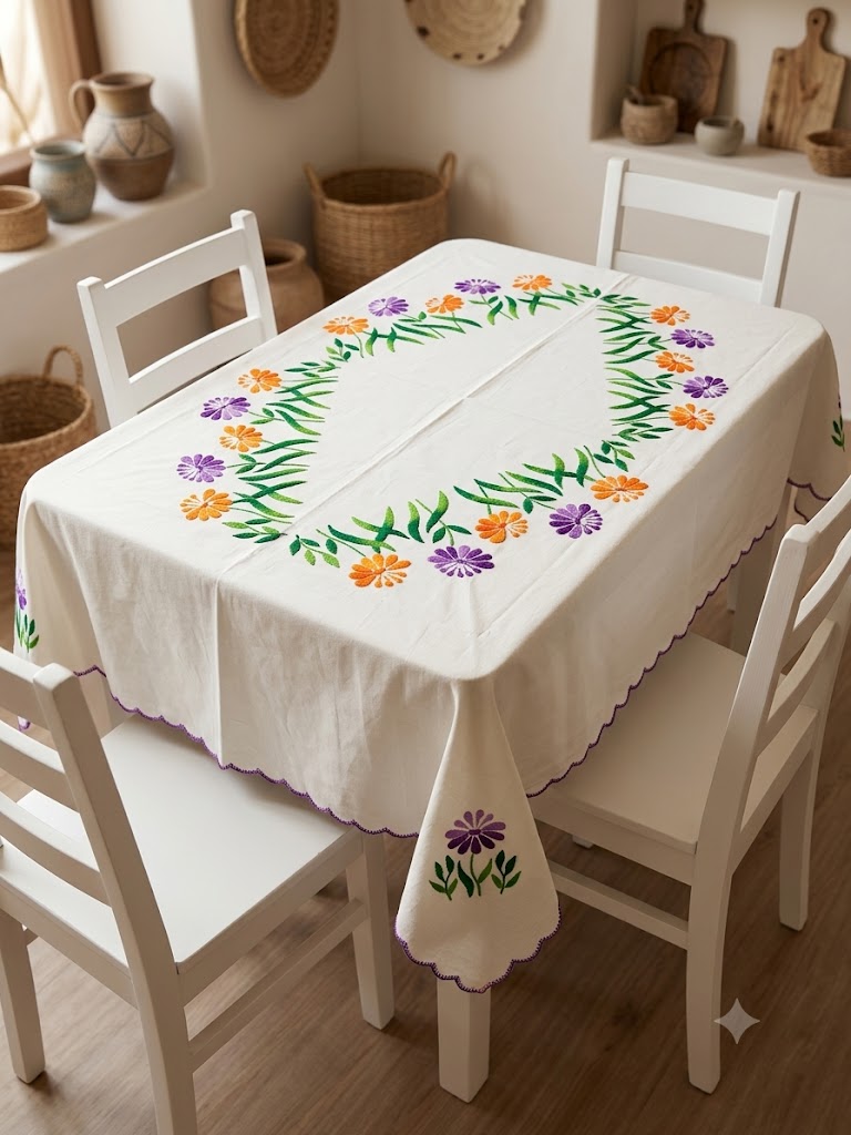 Hand Embroidered Four Seater Floral Table Cover