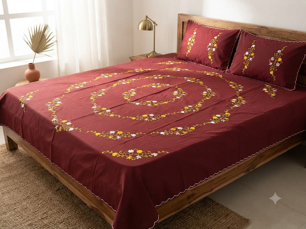 Chikonwala's Hand Embroidered Floral Design Bedsheet