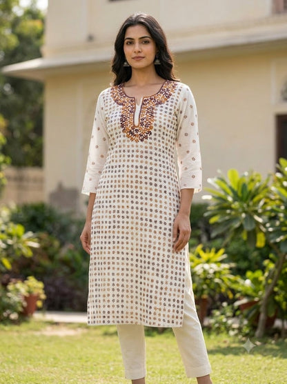 Hand Embroidered Pure Cotton Kurti Material | 3 Meter Premium Fabric | Made in India