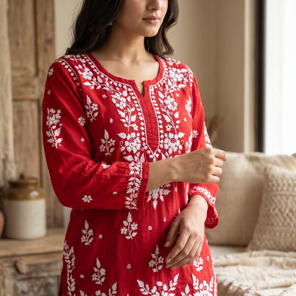 Hand Embroidered Chikankari Short Kurti – 3/4 Sleeve | Modal Fabric - Red