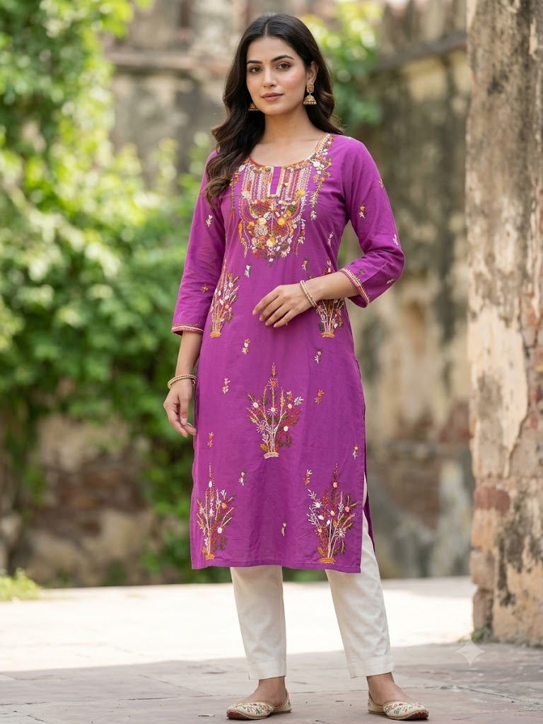 Hand Embroidered Pure Cotton Kurti Material | 3 Meter Premium Fabric | Made in India