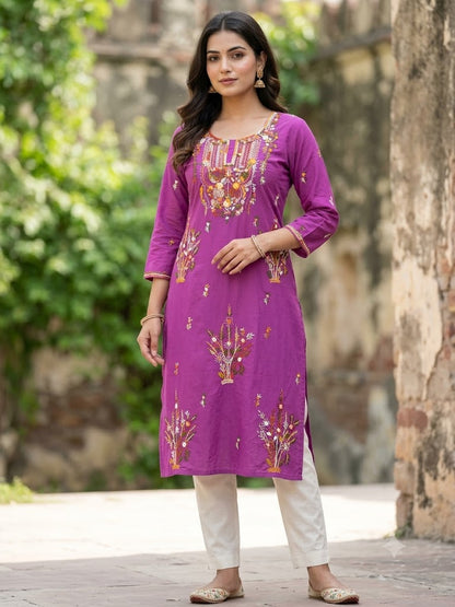 Hand Embroidered Pure Cotton Kurti Material | 3 Meter Premium Fabric | Made in India