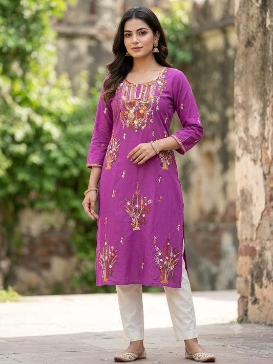 Hand Embroidered Pure Cotton Kurti Material | 3 Meter Premium Fabric | Made in India